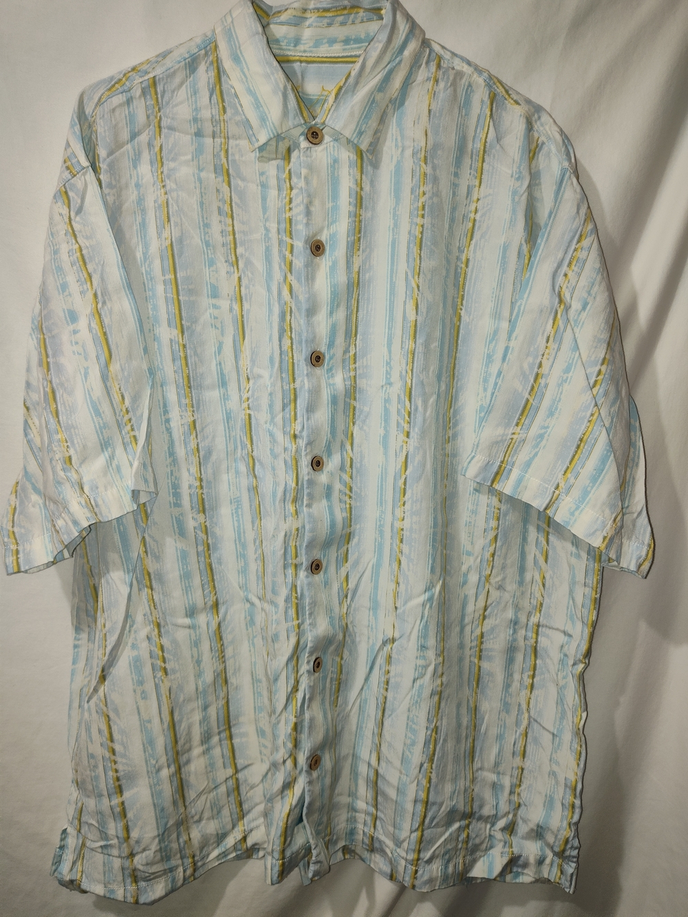Tommy Bahama Light Blue, White & Olive Striped Casual Button-Down Shirt